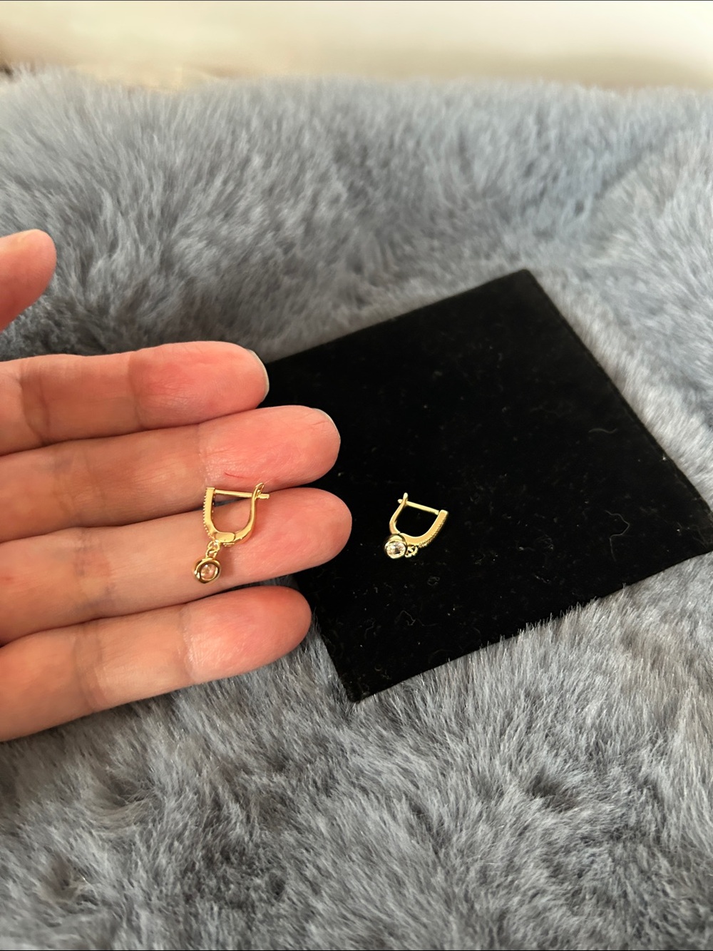 Delicate Gold Hoop Huggie Earrings with Clear Crystal Charm